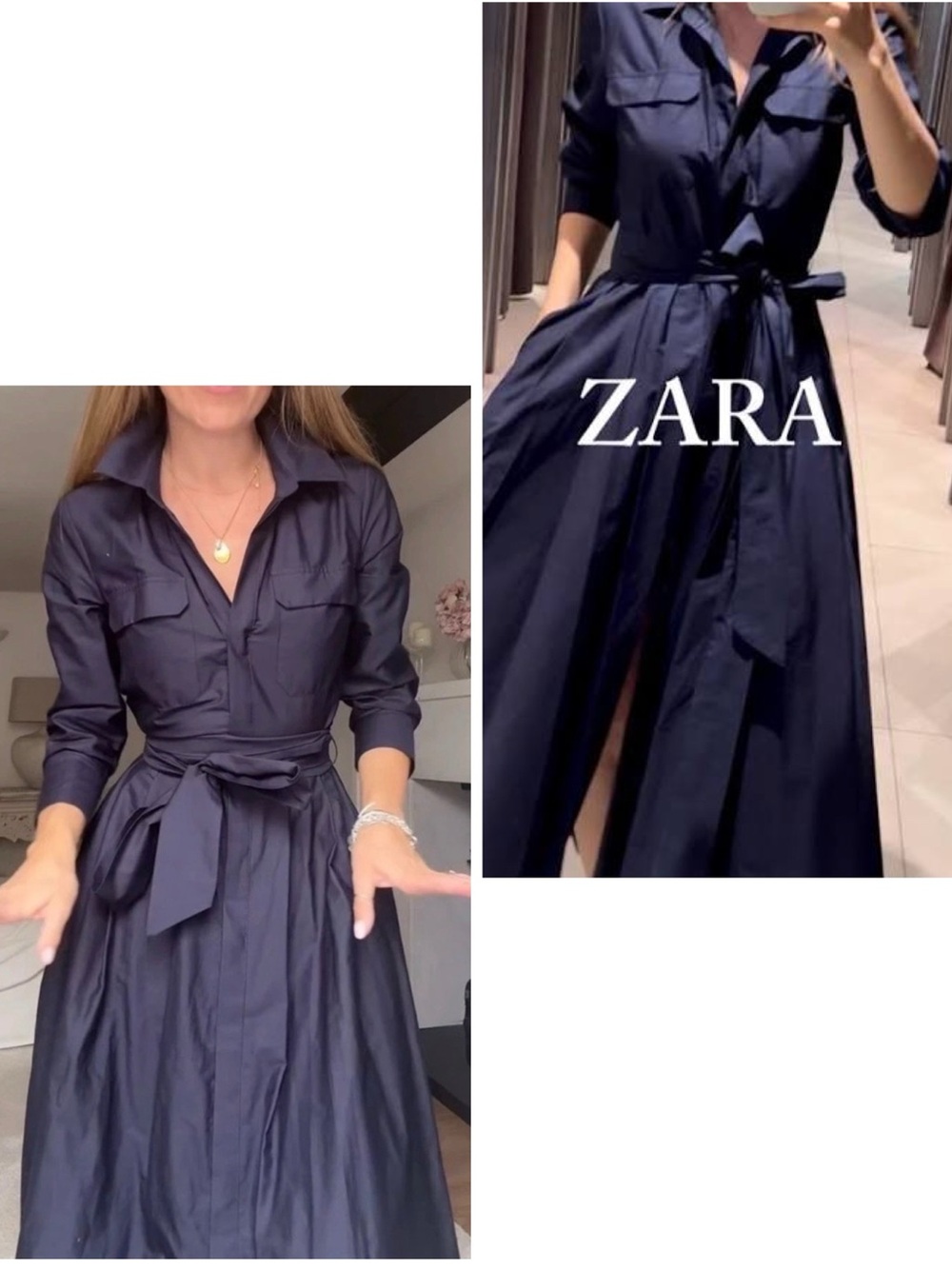 Zara Cotton Poplin Navy Shirt Dress Long Sleeves Turn-Down Collar Pockets Small - Picture 3 of 14